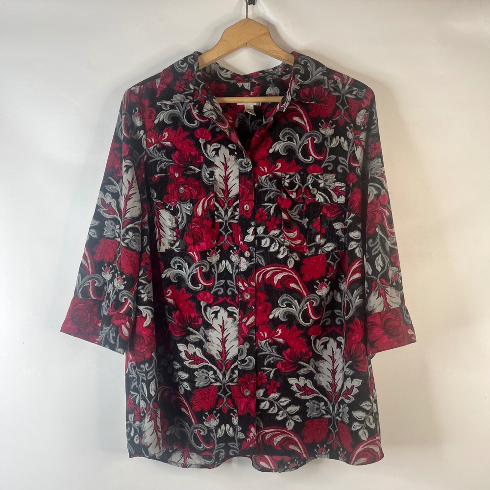 Croft & Barrow Button Down Shirt Womens 1X Red Floral Damask 3/4 Sleeve Top